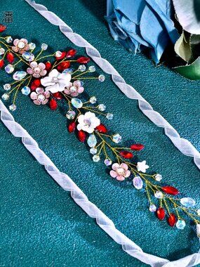 Handmade Floral Bridal Headband, Red Crystal Flower Wedding Headpiece